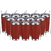 MEWAY 20oz Tumbler 12 Pack Double Wall Vacuum Insulated Travel Mug Bulk, Stainless Steel Tumblers with Lid and Straw, Powder Coated Coffee Cups for Cold & Hot Drinks (Red, Set of 12)
