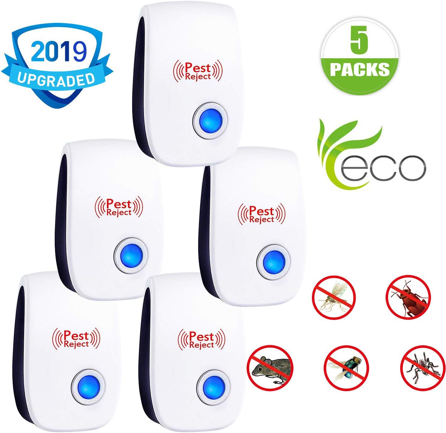 Ultrasonic Pest Repeller,5 Packs Pest Control Ultrasonic Repellent - 2019 Newest Electronic Pest Control Plug in Indoor Repellent - Best Pest Reject Controller for Mice, Mosquito, Insects,Spider