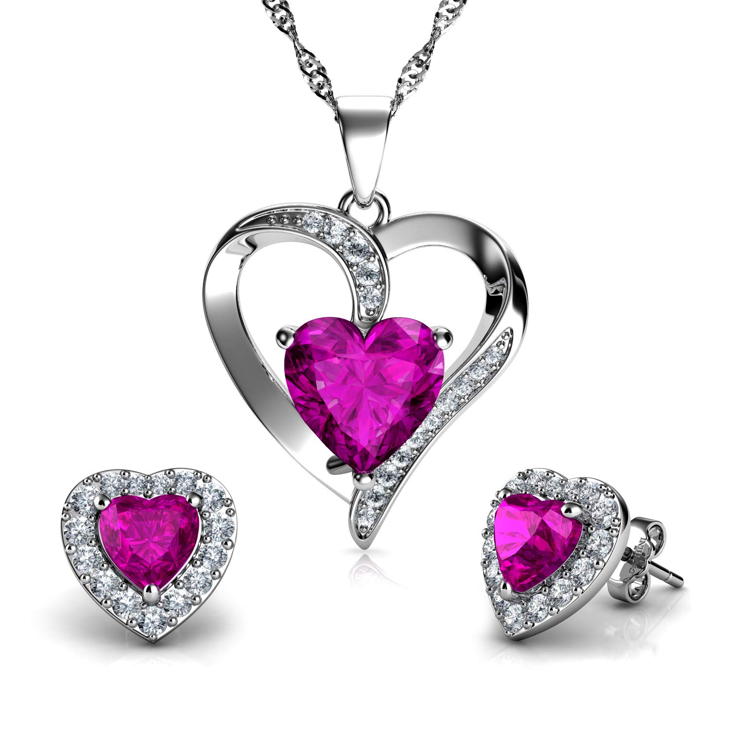 DEPHINI - Jewellery Set Heart Necklaces with stud Earrings - 925 sterling silver Double Hearts Pendant for Women - Cubic Zirconia - Rhodium Plated (Pink set 2)