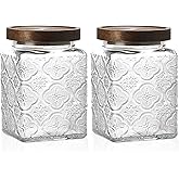 Snminetal Vintage Glass Airtight Storage Jar Set of 2, With Airtight Wood Lid, Kitchen Food Storage Containers,Suitable for storage Tea leaves,Coffee Beans,dried fruits, cereals, etc(Plum pattern)