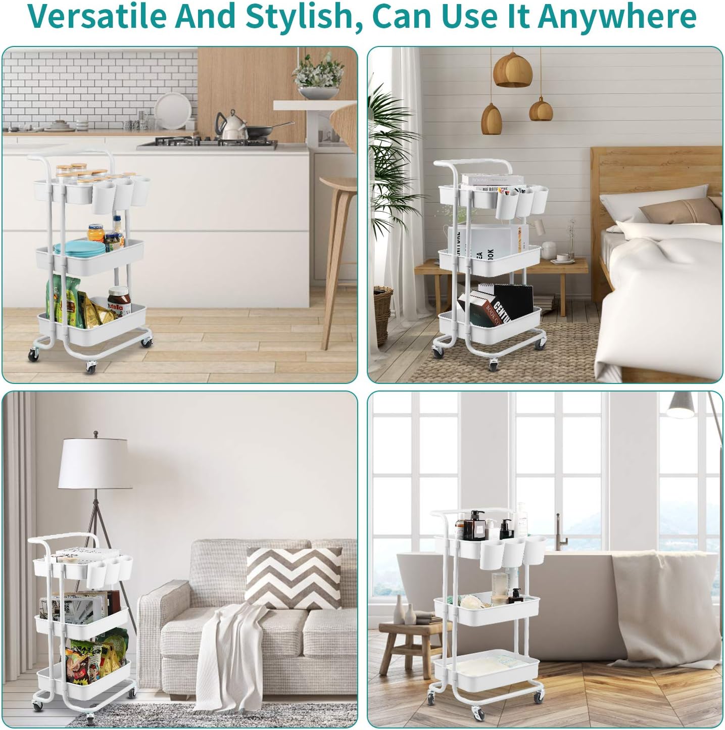 alvorog 3-Tier Rolling Utility Cart Storage Shelves Multifunction Storage Trolley Service Cart with Mesh Basket Handles and Wheels Easy Assembly for Bathroom, Kitchen, Office (White) : Office Products