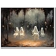 Vintage Cute Ghost Canvas Wall Art, Funny Ghost on A Swing in The Forest Aesthetic Poster, Gothic Dark Academia Wall Decor, Creepy Spooky Abandoned Art Halloween Pictures 12 x 16 in Unframed