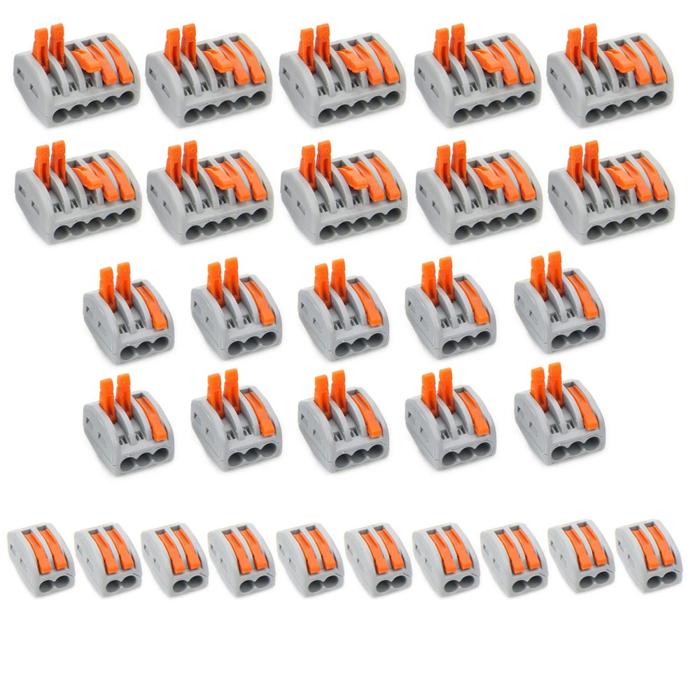 Lever-Nut Compact Wire Connectors - 30 Pack Assortment, 2, 3, 5 Port Lever Conductor Terminal Blocks
