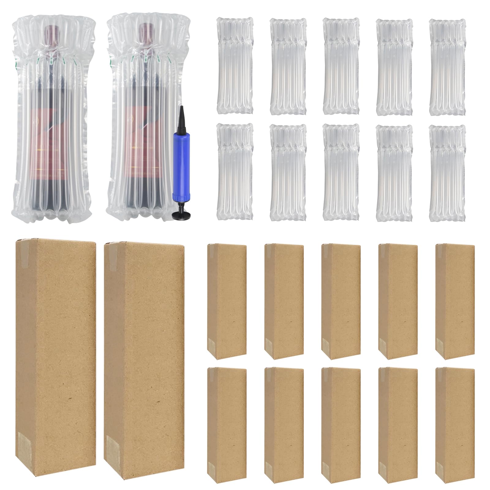 Photo 1 of 10 Sets Wine Bottle Travel Protector Bags with Inflatable Bubble Cushion Wrap for Glass Bottles, Air Column Packaging Sleeves, Corrugated Wine Box with Reusable Pump