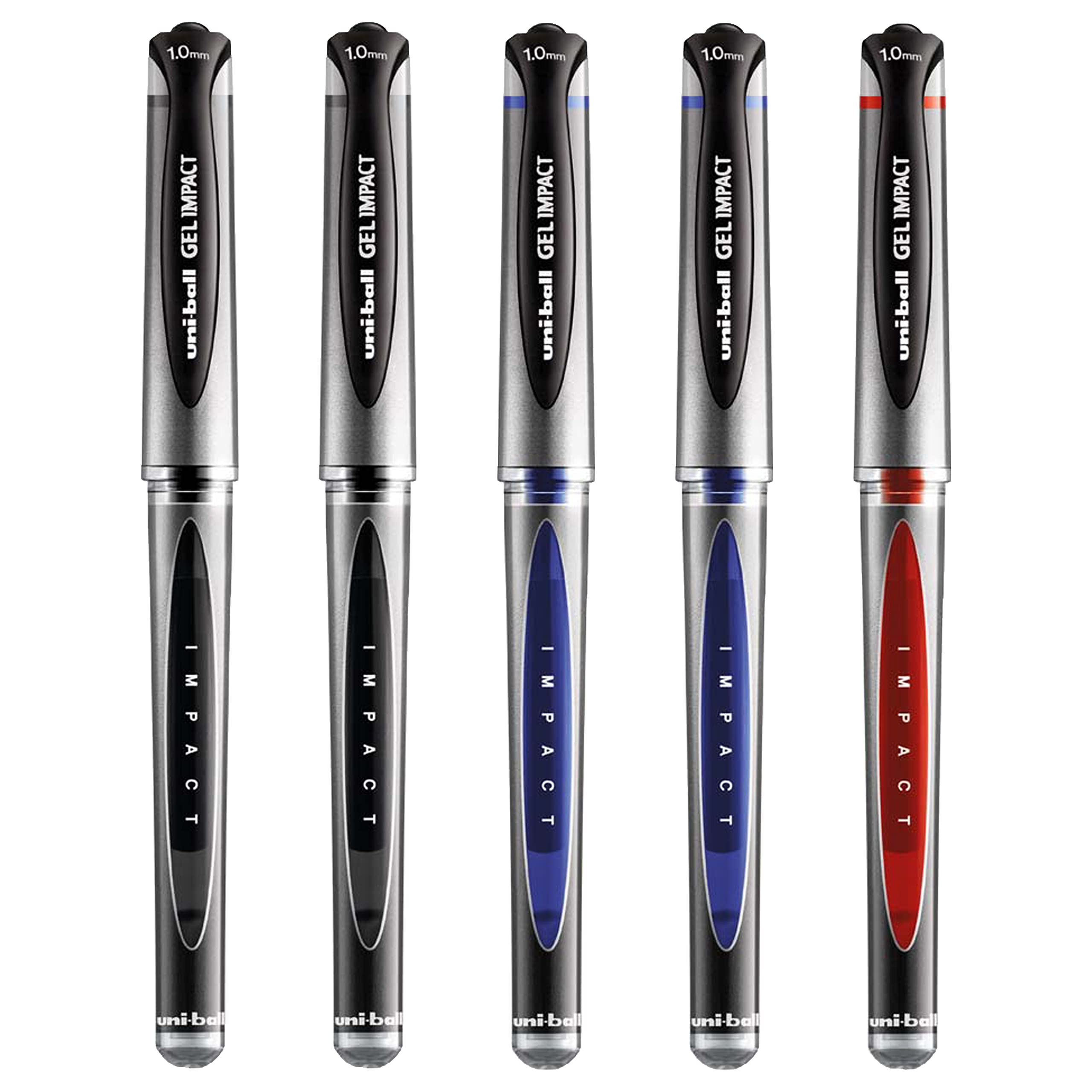 uni-ball Gel Impact Rollerball Pen Ball Point Pens - Broad 1mm Nib - Black, Blue and Red - Pack of 5