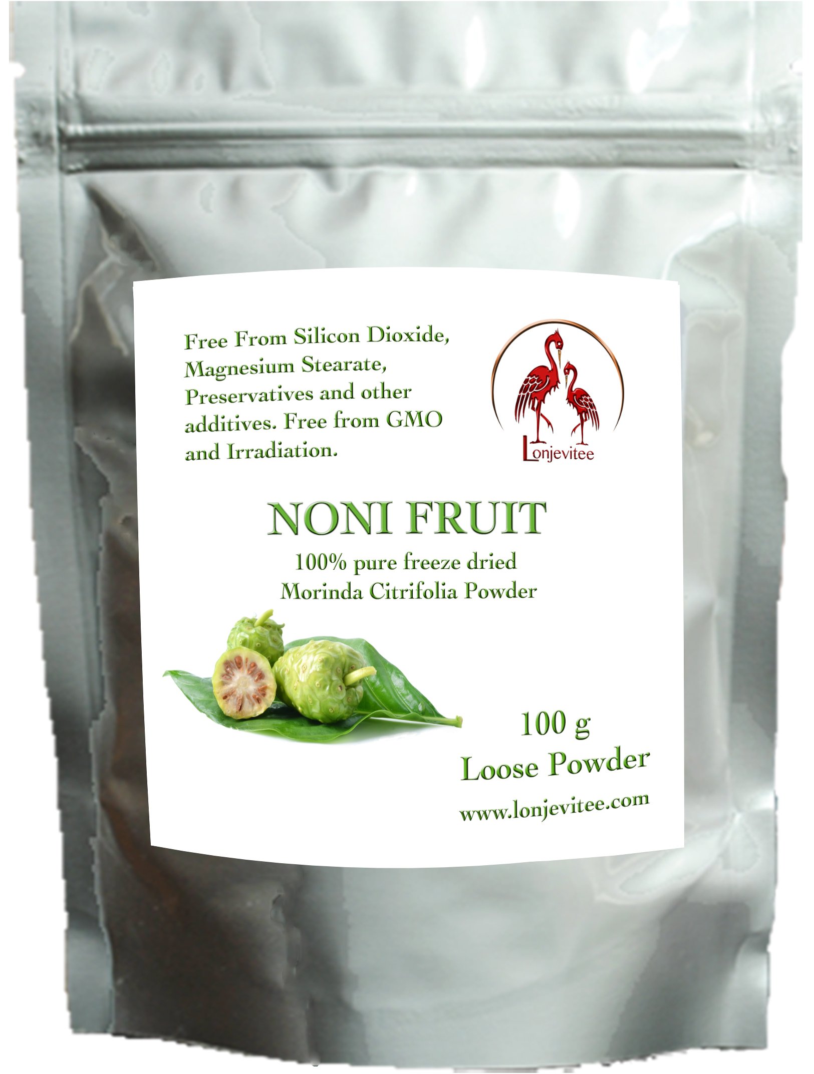 Lonjevitee Noni Freeze Dried Fruit Powder 100g in a resealable Pouch