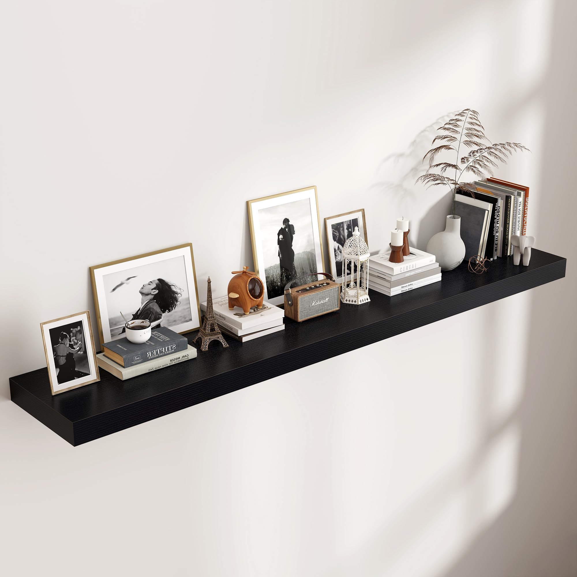 Photo 1 of *minor damaged*Venusmiles Floating Shelves for Wall, 72 Inch Wide x 12 Inch Deep Floating Shelves, Long Wood Floating Wall Shelf Shelves for Living Room Bathroom Bedroom Kitchen Home - (Black, 72" W x 12" D x 2" H)