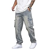 Verdusa Men's Cargo Jeans Straight Leg Denim Pants Relaxed Outfits Washed Jeans with Pockets
