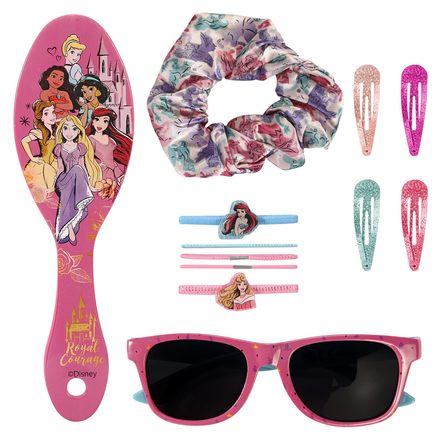 CERDÁ LIFE'S LITTLE MOMENTS 12pc Girls Kids Sunglasses Hair Accessories Comb Clips Bands Beauty Set with Carry Case (Disney Princess)