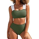 Blooming Jelly Womens High Waisted Bikini Color Block Tummy Control Swimsuits Sporty Supportive Bathing Suit (L, Army Green)