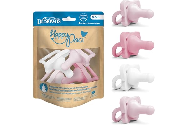 Dr. Brown's HappyPaci 100% Silicone Baby Pacifier, Contoured One-Piece Design, Light Pink/Pink/White, 0-6m, BPA-Free, 4-Pack