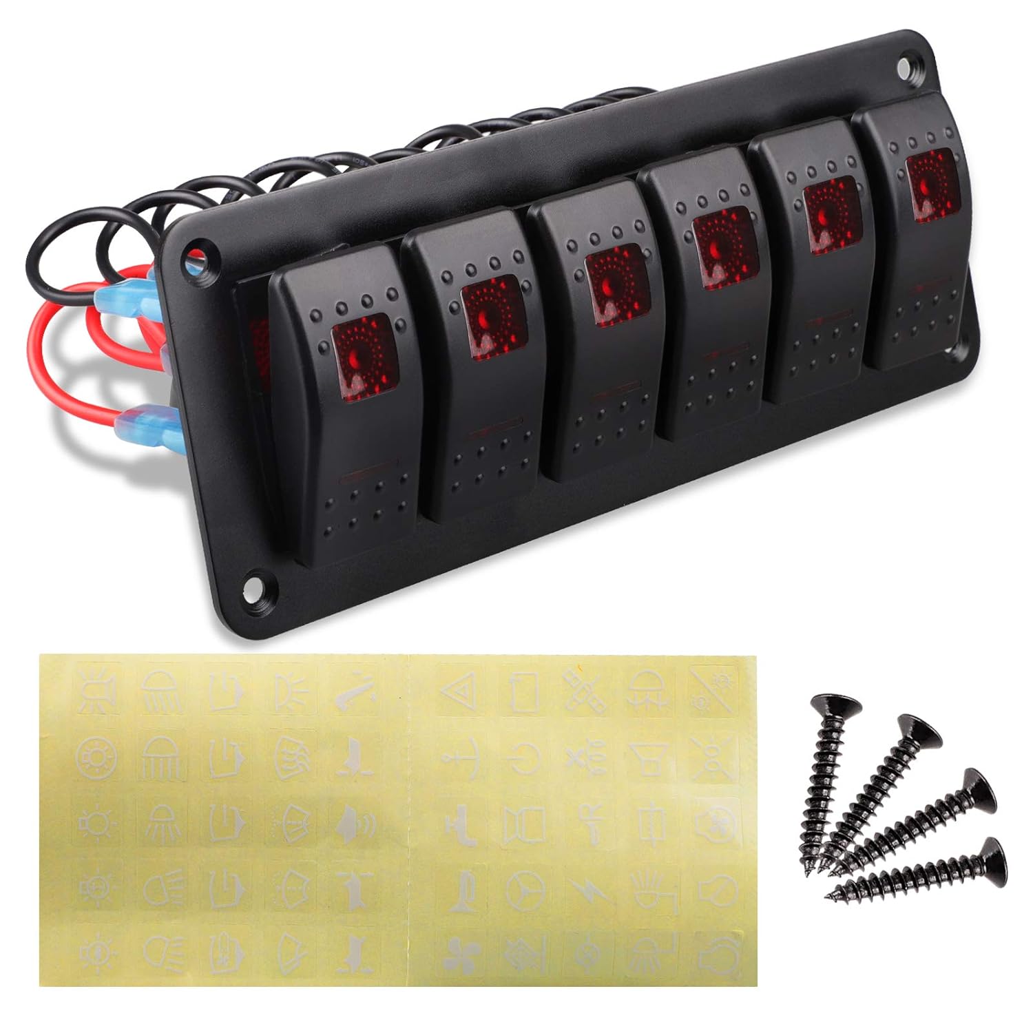 Pre-Wired Rocker Switch Aluminum Panel 6 Gang Toggle Switches Dash 5 Pin ON/Off 2 LED Backlit for Boat Car Marine