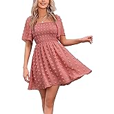 EXLURA Women's 2026 Summer Casual Square Neck Dresses Ruffle Short Sleeve Swiss Dot Flowy Mini Dress