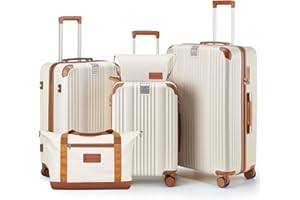 CASELLY Luggage Set 3 Piece Luggage with PC+ABS Hardshell TSA Lock Spinner Wheels Carry on Lightweight Suitcase,Cup Holder,YKK Zippers (Beige, 5 piece sets(20/24/28/DB/TB))