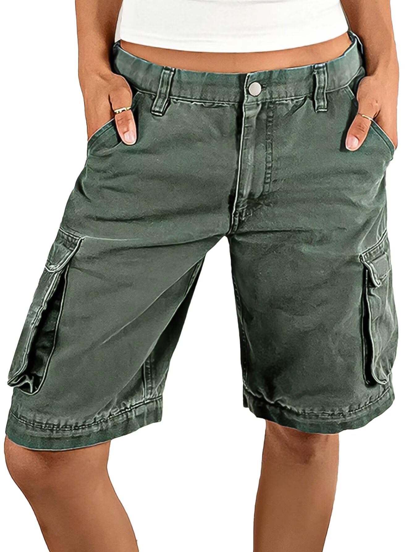 Photo 1 of Flamingals Bermuda Shorts for Women Knee Length Mid Rise Straight Leg Baggy Denim Shorts Summer Casual with Flap Pocket Green M