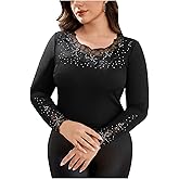 Women's Sparkly Rhinestone Floral Lace T Shirt Dressy Tops