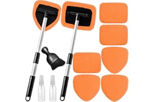 Qydipclin 11pcs Windshield Cleaner Tool, Car Window Cleaning Wash Kit with 6 Reusable Microfiber Pads 2 Spray Bottles and Extendable Handles Auto Glass Wiper Kit, Orange