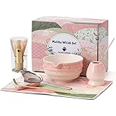 Matcha Tea Set, 8 Pcs Japanese Matcha Kit with Cherry Blossom and Wave Design Ceramic Bowl, Bamboo Whisk, Whisk Holder, Scoop, Sifter, Brush, Matcha Kit Set for Matcha Lovers (Pink Gradient)