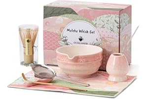 Matcha Tea Set, 8 Pcs Japanese Matcha Kit with Cherry Blossom and Wave Design Ceramic Bowl, Bamboo Whisk, Whisk Holder, Scoop