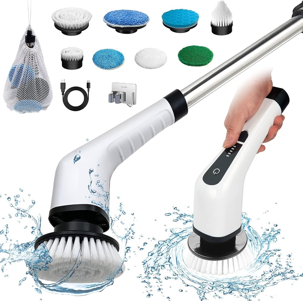 FARI Electric Spin Scrubber Cordless Power Cleaner 8 Brush Heads Adj Handle