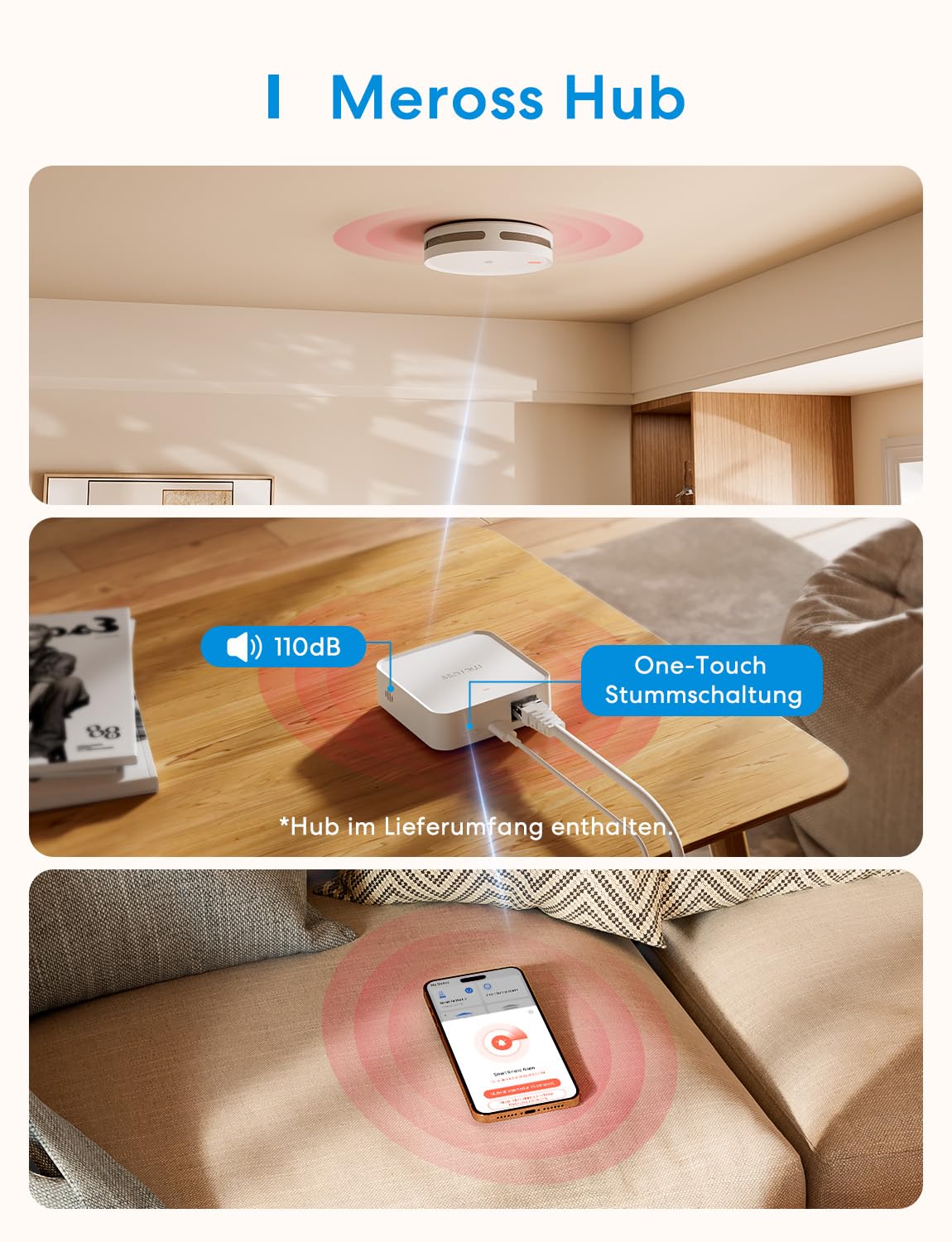 Meross Matter Rauchmelder vernetzt, Smart Feuermelder WLAN mit Dual-Lichtsensor, Brandmelder mit APP Warnmeldung, Kompatibel mit Home Assistant, HomeKit, Alexa, Google, 33 mm, mit MSH450 Hub, 3 Stück 7