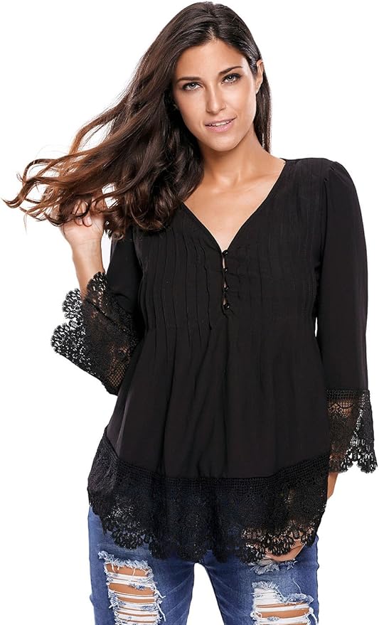Women Button Up Blouses Lace Detail Half Sleeves V Neck Tops Black at