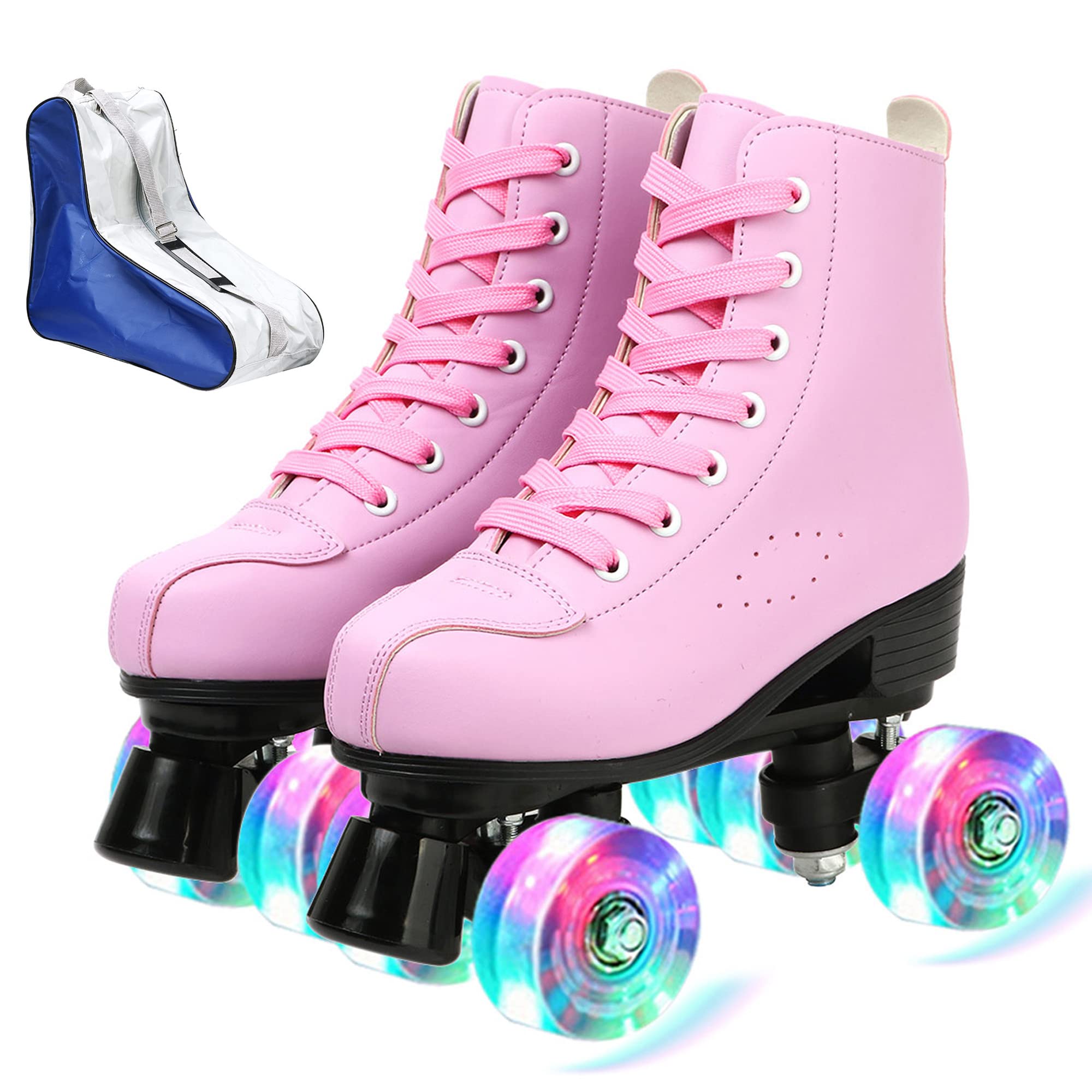 Photo 1 of XUDREZ Roller Skates for Women Men Cozy PU Leather High-top Roller Skates for Beginner Double-Row PU Wheels, Professional Indoor Outdoor Roller Skates with Shoes Bag (Pink Flash,41)