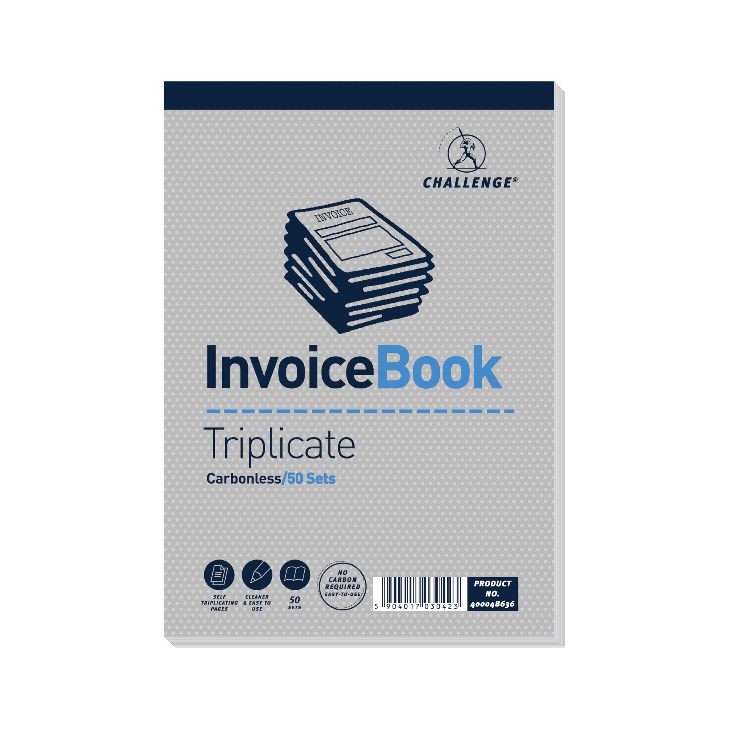 Challenge Triplicate Invoice Book without Vat, Carbonless, 50 Pages, 5 pack (195 x 137 mm)