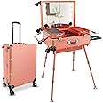 24'' Aluminum Trolley Makeup Train Case with 8 LED Light Rolling Cosmetic Organizer Studio Speaker Make up Artist Studio Free Standing Box with Mirror Makeup Vanity Station for Travel (Rose Gold)