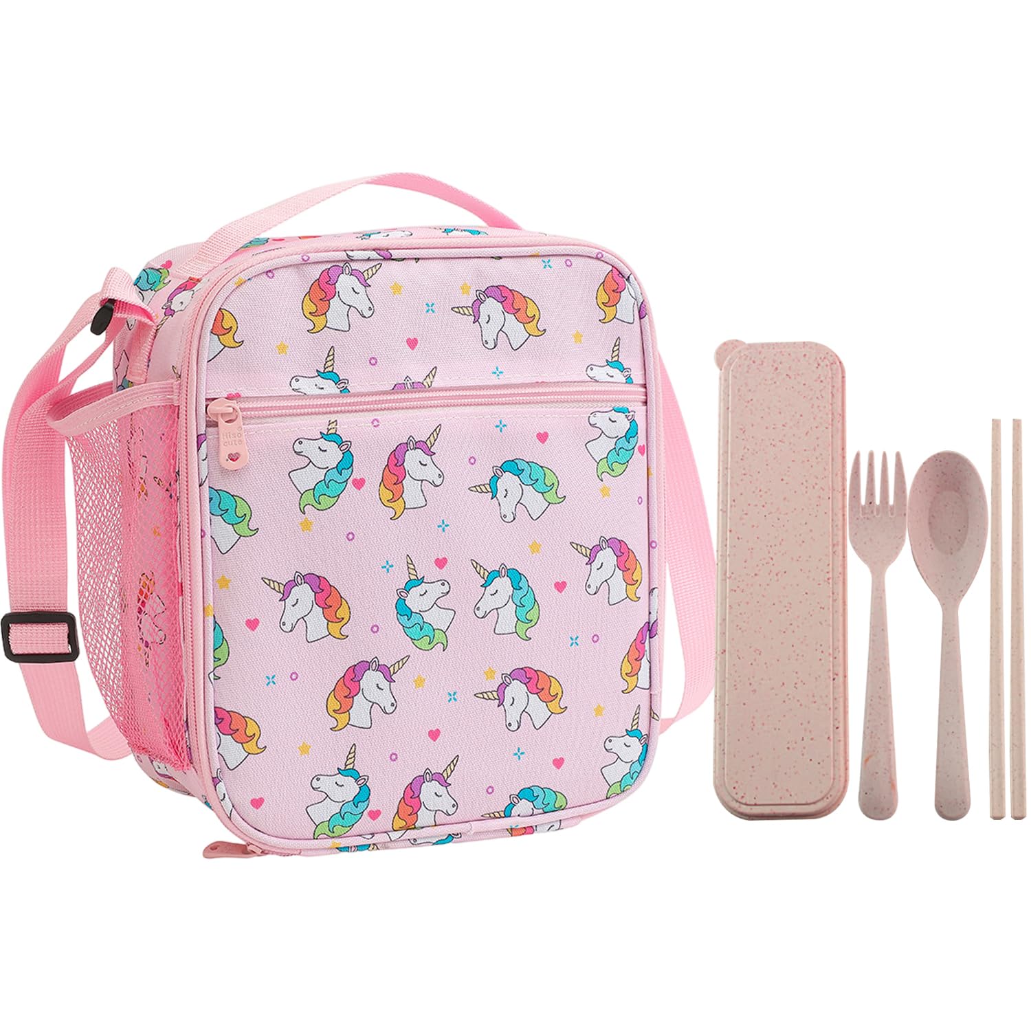 GVSAVY 1 Rainbow Horse Lunch Bag with 1 Set Cutlery, Portable Insulated Picnic Bag, Multi-Functional Insulated Bag with Side Mesh Pockets, for School, Picnic, Camping (Pink)