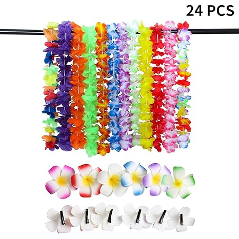 ResPai 24 Stück Hawaii Blumen Halskette Set, Hawaiian Hula Luau Leis Blumen Girlande Haarspange Haarclip Plumeria Haarschmuck