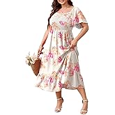 SCOMCHIC Women's Plus Size Summer Dress Casual Short Sleeve Scoop Neck Maxi Dress Smocked Ruffle Boho Flowy Long Dresses