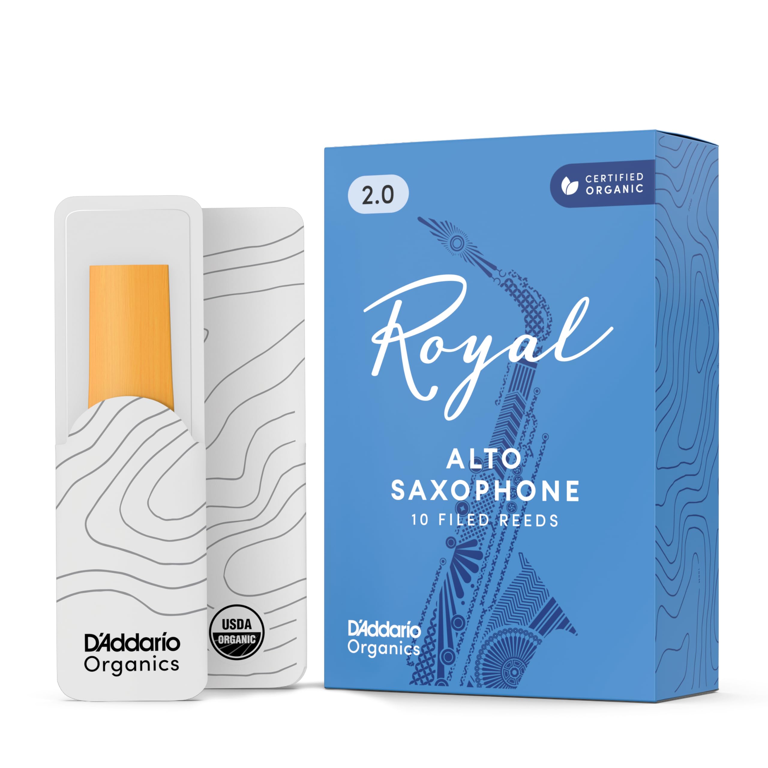 D'Addario Royal Organic Alto Saxophone Reeds, Strength 2.0, 10-Pack