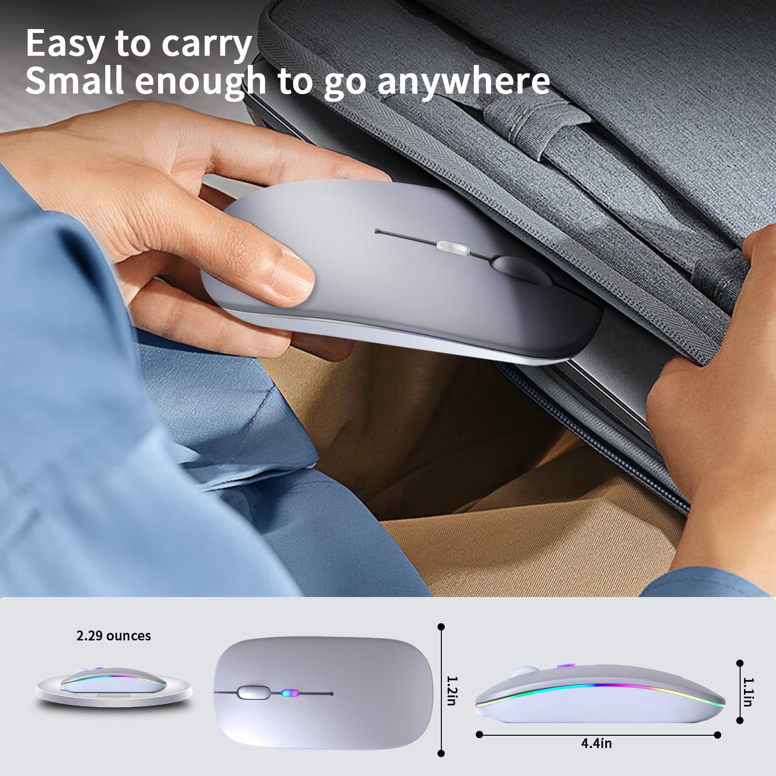KANMABPC Wireless Bluetooth Mouse – Rechargeable, Silent, Dual Mode (Bluetooth 5.2 & USB) with LED Lights – Portable for Laptop, Desktop, & Tablet(Silver)