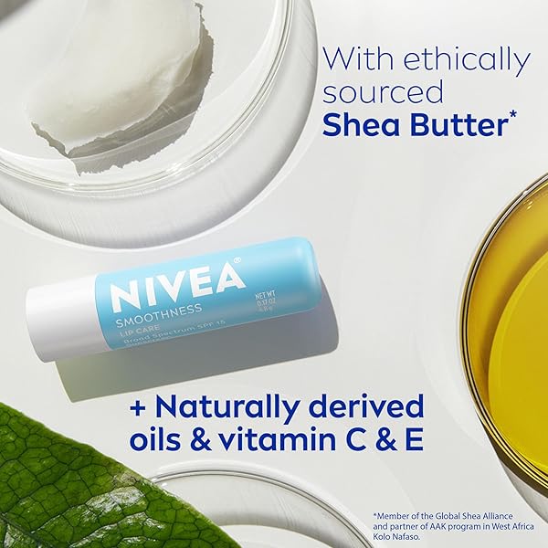 NIVEA SMOOTHNESS LIP CARE, SUNSCREEN LIP BALM WITH SPF 15 BROAD SPECTRUM, SHEA BUTTER, NOURISHING OILS AND VITAMIN C & E, 3-IN-1 MOISTURE, REPAIR AND SUNSCREEN, 0.17 OZ STICK, PACK OF 4