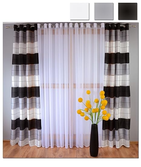 Peach Tree Boutique Pair Of Eyelet Voile Striped Curtains White