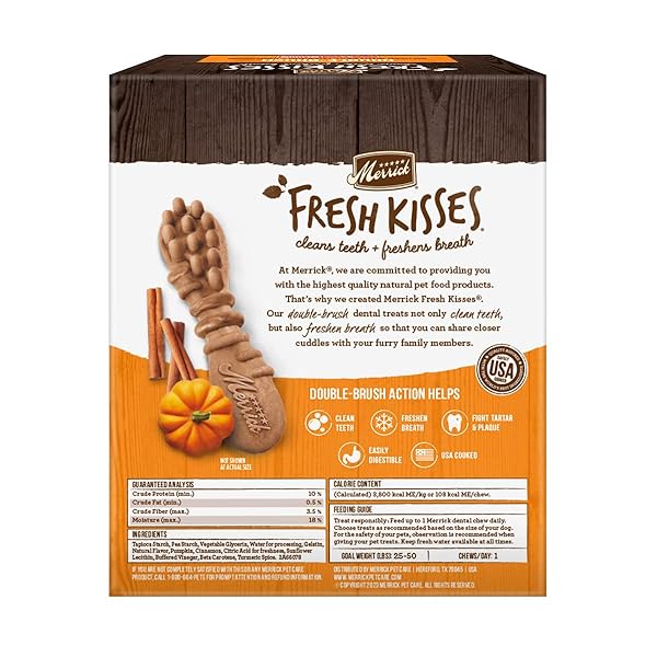 MERRICK FRESH KISSES NATURAL DENTAL CHEWS, TREATS INFUSED WITH PUMPKIN AND CINNAMON FOR MEDIUM DOGS 25-50 LBS – 20 OZ. BAG