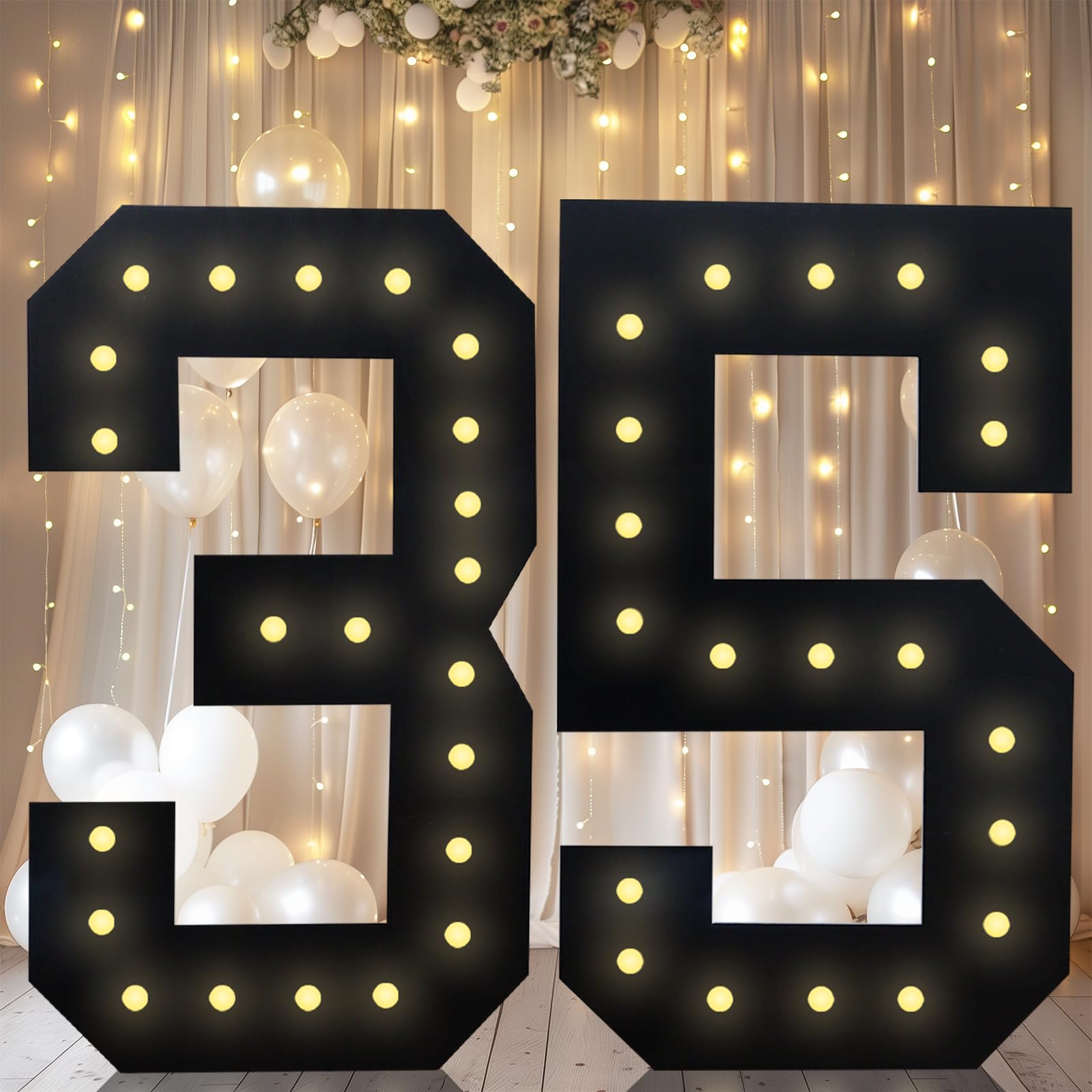 Photo 1 of 4FT Marquee Light Up Numbers, Black Giant Marquee Number Big Mosaic Number for 35th Birthday Party Decorations Backdrop 35 Anniversary Decor, Pre-Cut Frame Large Number 35