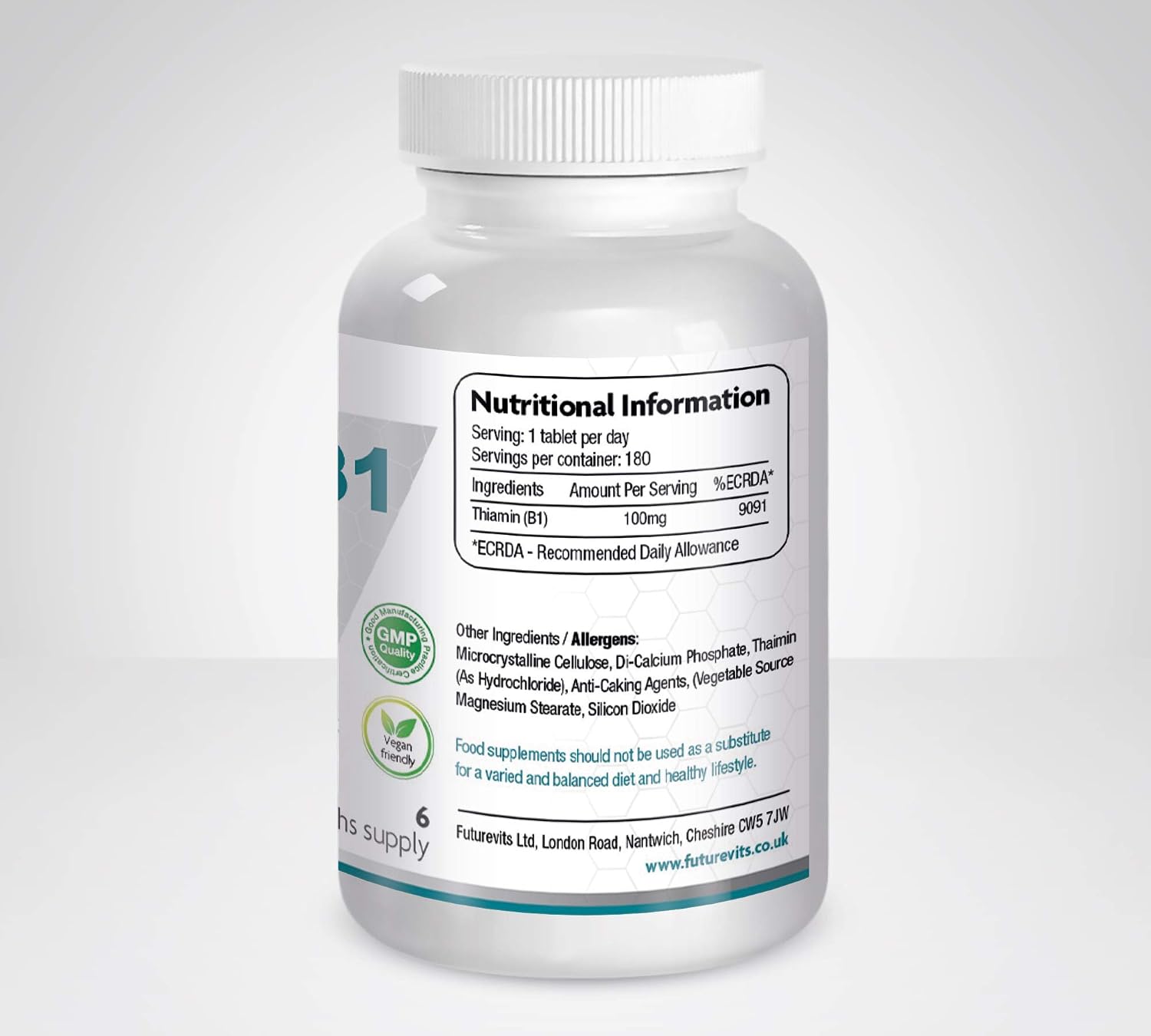Vitamin B1 100mg (Thiamin) 180 Tablets Suitable for Vegans and Vegetarians Made in UK by Futurevits 6 Month Supply, Premium Grade only - Image 3