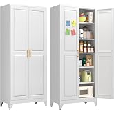 Polup 75" Pantry Cabinet, Tall Metal Storage Cabinet with Doors and Shelves | White Kitchen Cabinet, 5 Adjustable Shelving, Heavy-Duty Steel, Gold Handles, 4 Standing Feet, for Garage Office &amp; Laundry