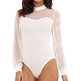 EKAMO Womens Bodysuit Mock Neck Sheer Mesh Long Sleeve Tops Ribbed Sexy Bodysuits Jumpsuit