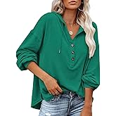 Olvarcby Womens V Neck Button Down Hoodies Shirt Oversized Long Sleeve Hooded Henley Shirt Drawstring Pullover Tops