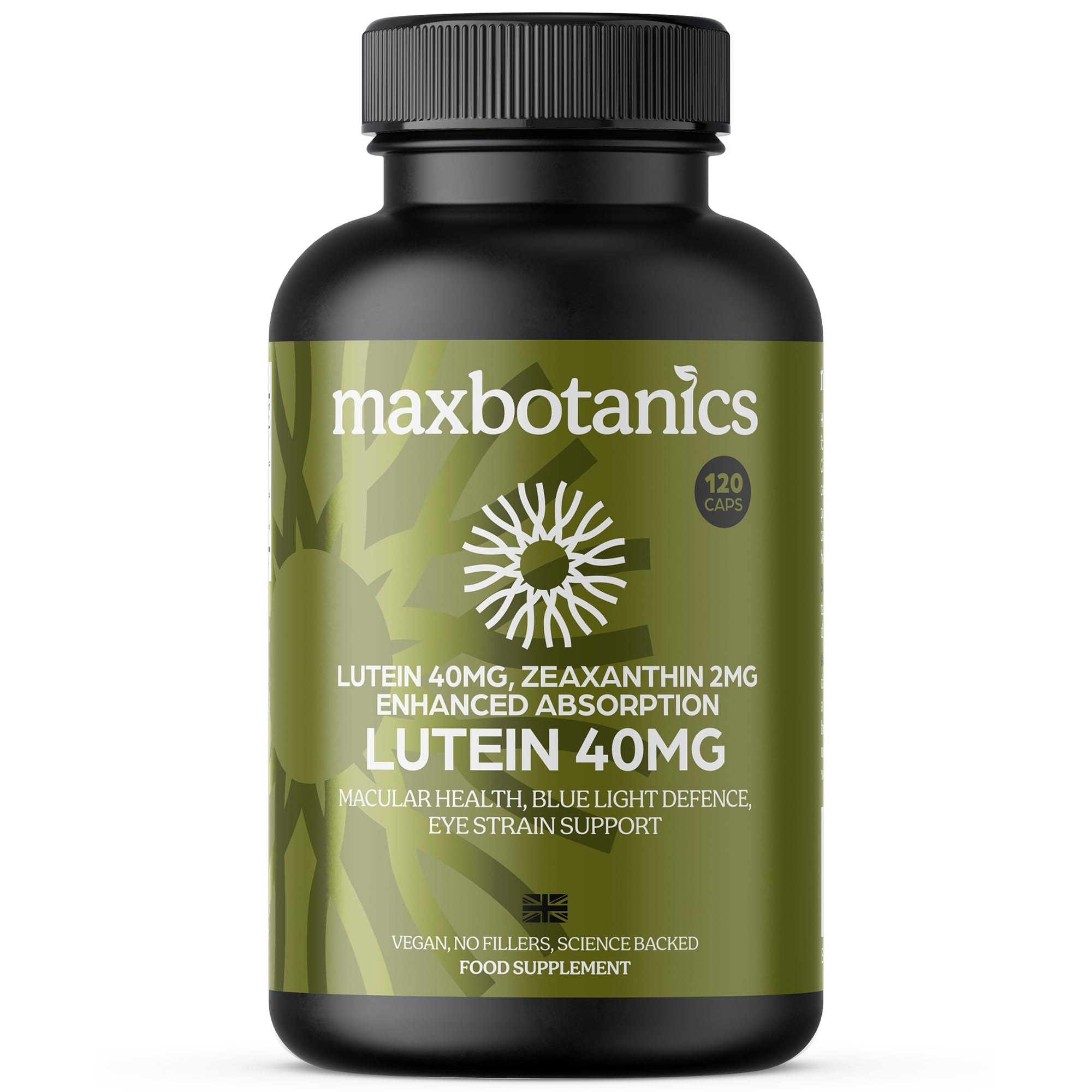 Max Botanics Lutein 40MG Zeaxanthin 2MG Natural Eye Strain Vision Support High Strength Supplement Blue Light Defence Macular Health Vegan 120 Capsules UK Made
