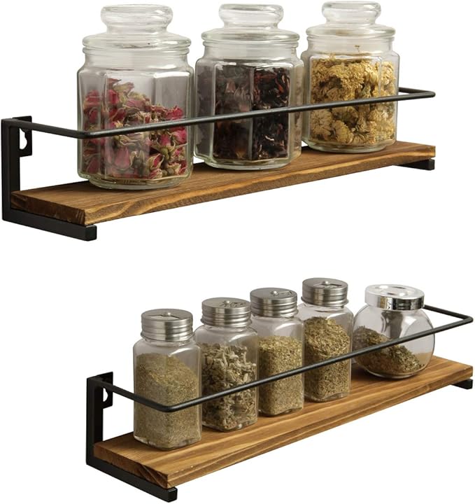 OROPY 2 Pack Spice Rack, Solid Wood Wall Mount Hanging Organiser for