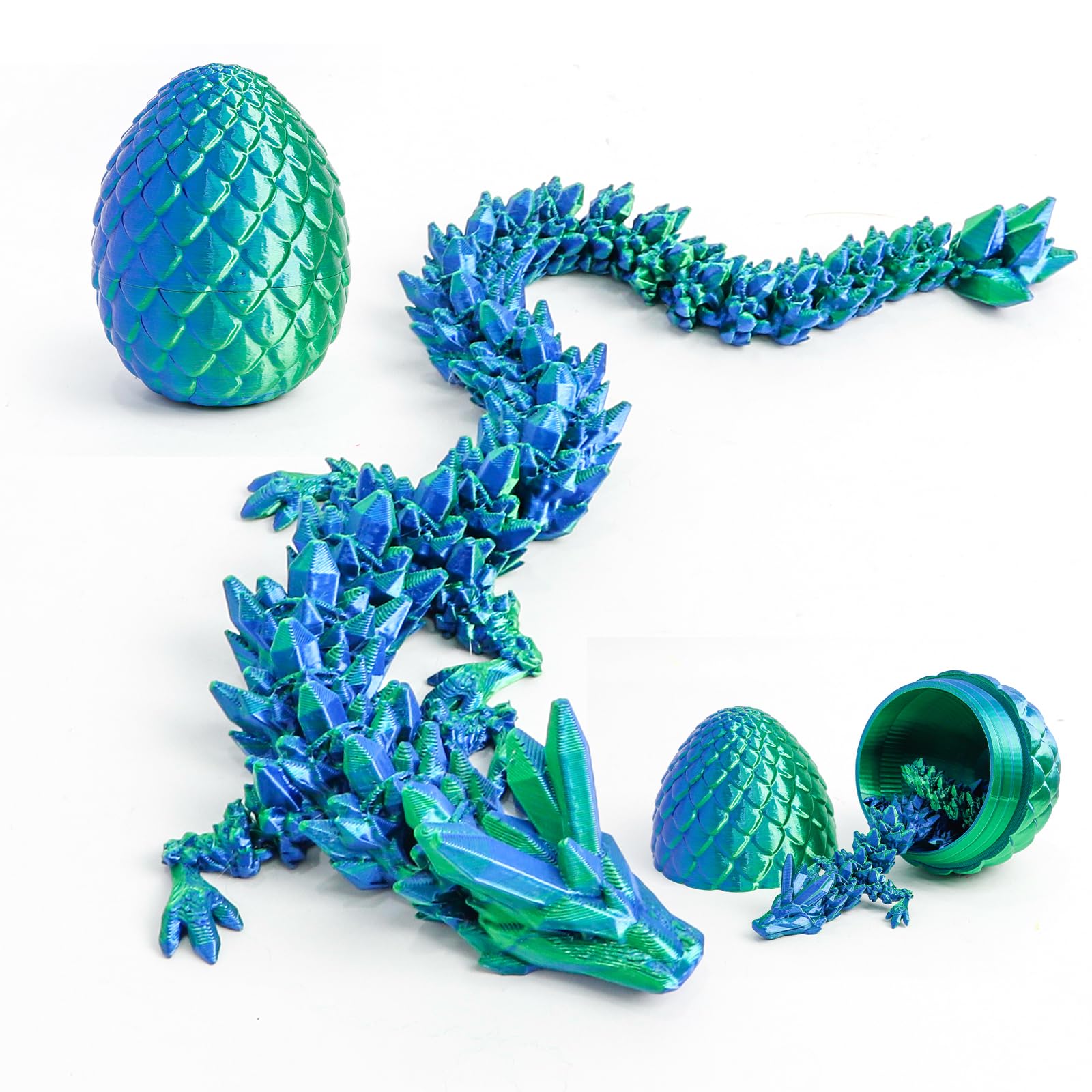Flavery 3D Printed Egg with 12" Flexible Pearly Sheen Dragon Inside, 3D Printed Surprise Gift, Articulated Dragon Egg Fidget Toy, Decor (Green Mix Blue)