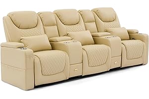 AZXZCS Home Theater Seating, Loveseat Recliner Sofa PU Leather with Central Console and 3 Pillows, Wall Hugger Recliners & 135° Reclining Theater Seats (Row of 3,Beige)
