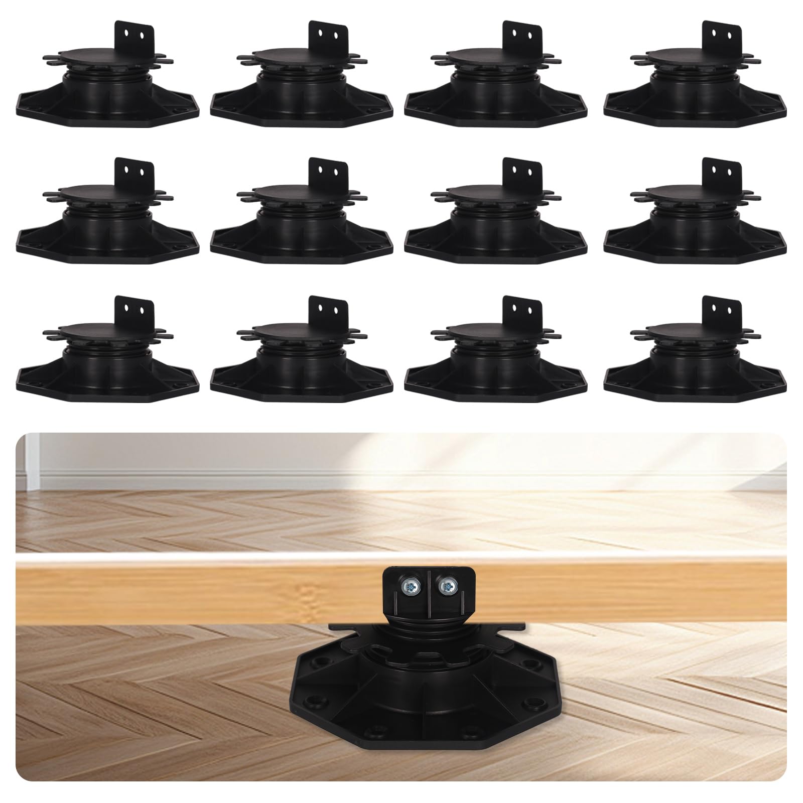 BURMONG 12Pack Decking Pedestal Adjustable, Plastic Decking Feet Decking Riser Bearing Support Height Adjustable, Floor Lift Baset Supports for Wood, Aluminium, WPC and DIY Projects (30-60mm) (12)