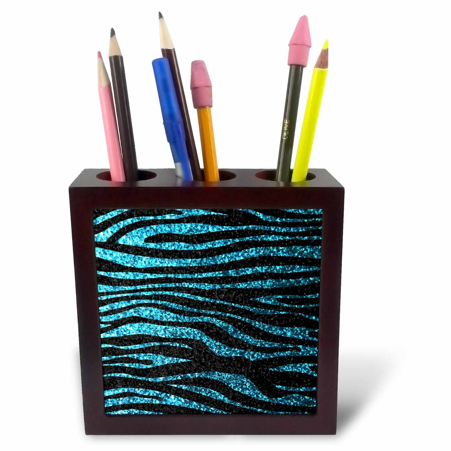 3dRose ph_113172_1 5-Inch "Zebra Print" Tile Pen Holder - Blue/Black