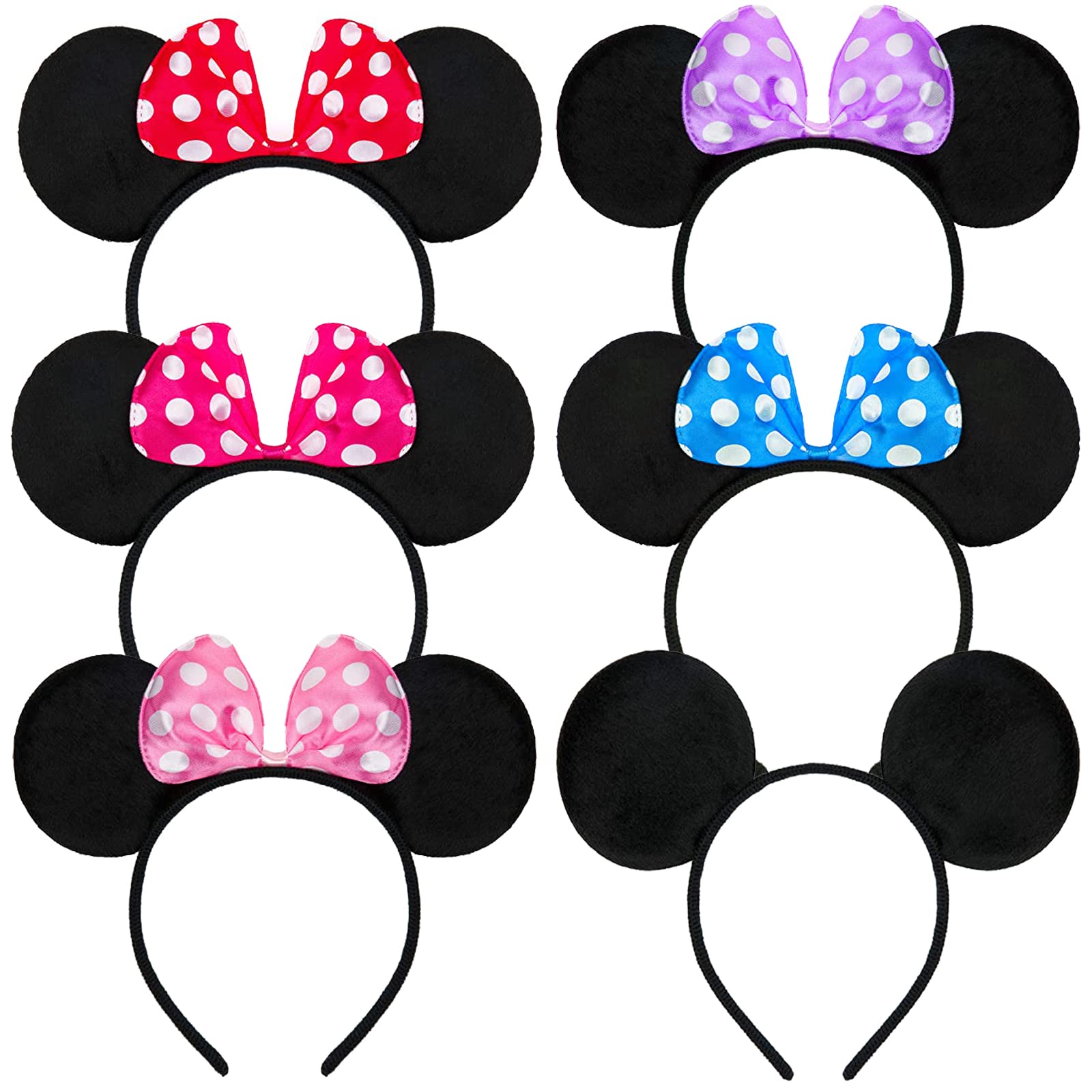Eterspr Pack of 6 Mouse Ear Headbands, Mini Mouse Ears Bow, Red, Purple, Blue, Pink, Black, 20*20cm