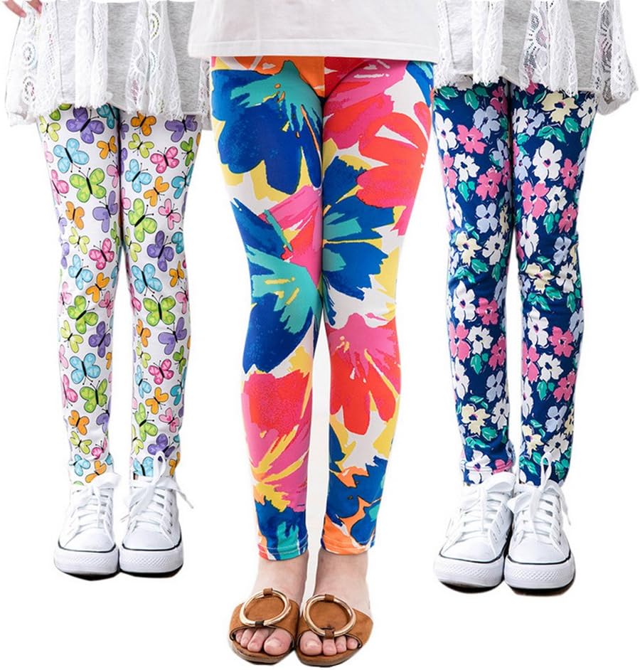 FIOKASO Girls Leggings, 3 Packs Toddler Girls Pants Great Stretch Printing Flower for Kids